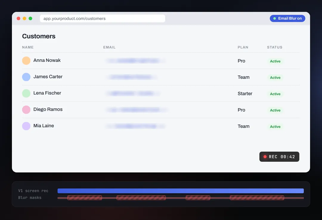 Email Blur blurring every email address in a customer list while the screen is being recorded